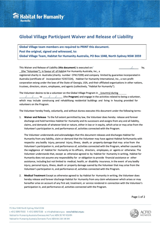 Global Village Participant Waiver And Release Of Liability Printable pdf
