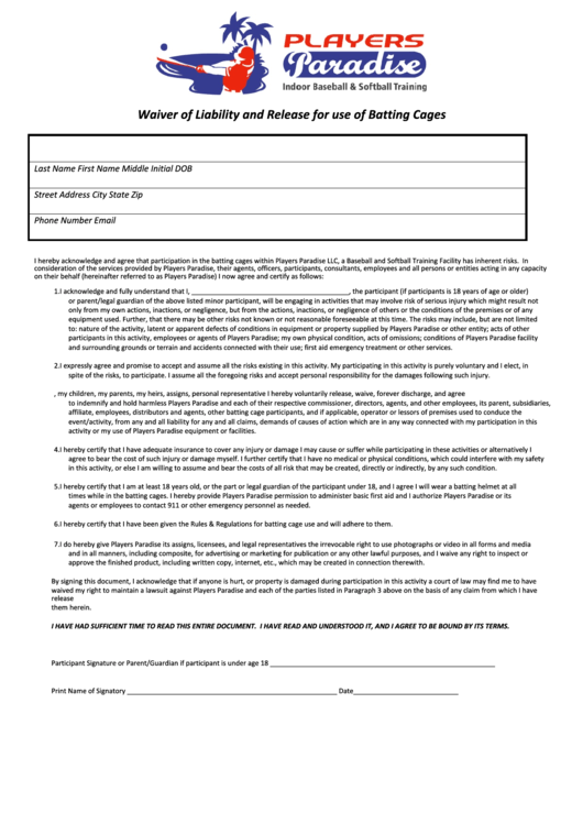 Waiver Of Liability And Release For Use Of Batting Cages Printable pdf