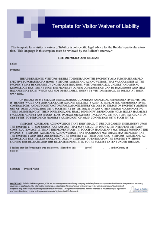 Template For Visitor Waiver Of Liability Printable pdf