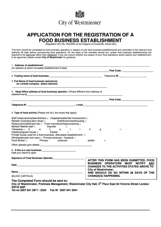 Application For The Registration Of A Food Business Establishment Printable pdf
