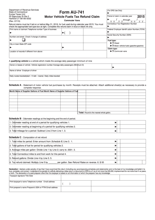 Form Au-741 - Motor Vehicle Fuels Tax Refund Claim - 2015 Printable pdf