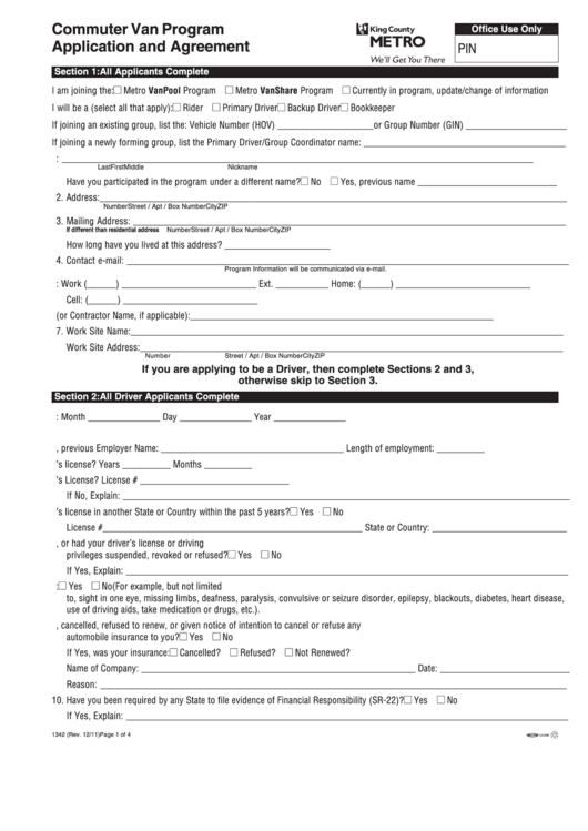 Fillable Commuter Van Program Application And Agreement Form Printable pdf
