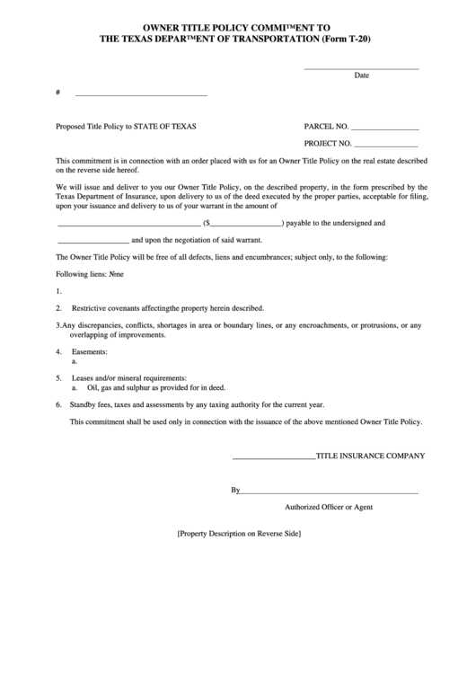 Owner Title Policy Commitment To The Texas Department Of Transportation (form T-20)