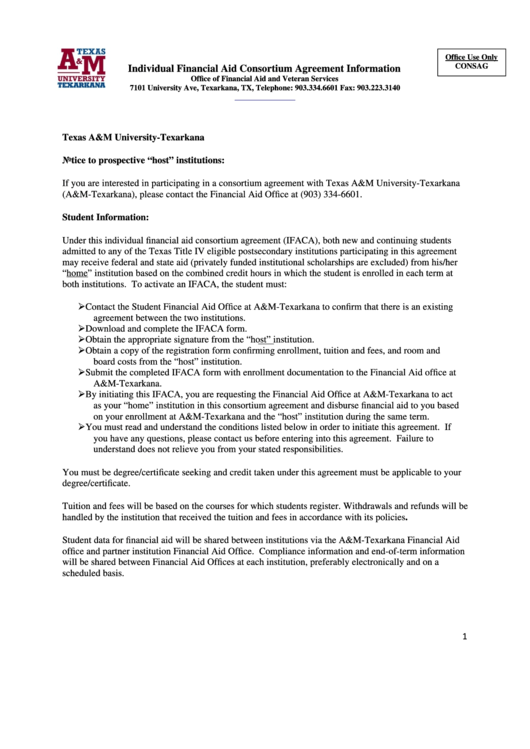 Fillable Individual Financial Aid Consortium Agreement Printable pdf