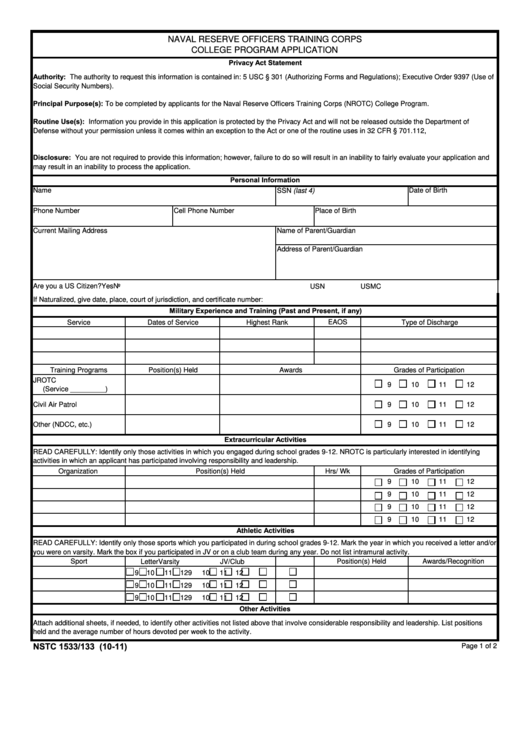 Fillable Form Nstc 1533/133 - College Program Application Printable pdf