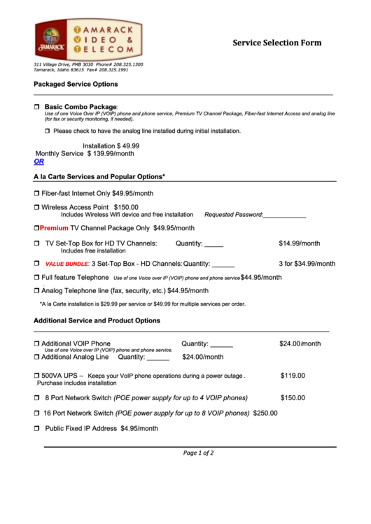 Service Selection Form Printable pdf