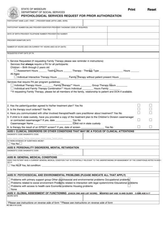 Fillable Psychological Services Request For Prior Authorization Printable pdf