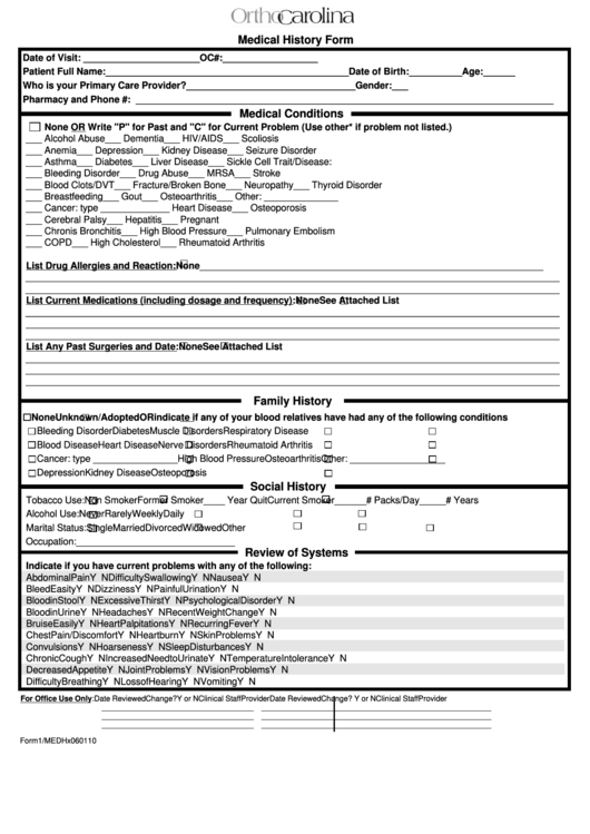 Medical History Form Printable pdf