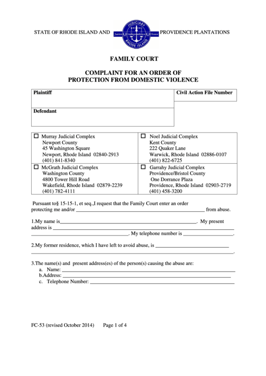 Fillable Complaint Form For An Order Of Protection From Domestic Violence Printable pdf