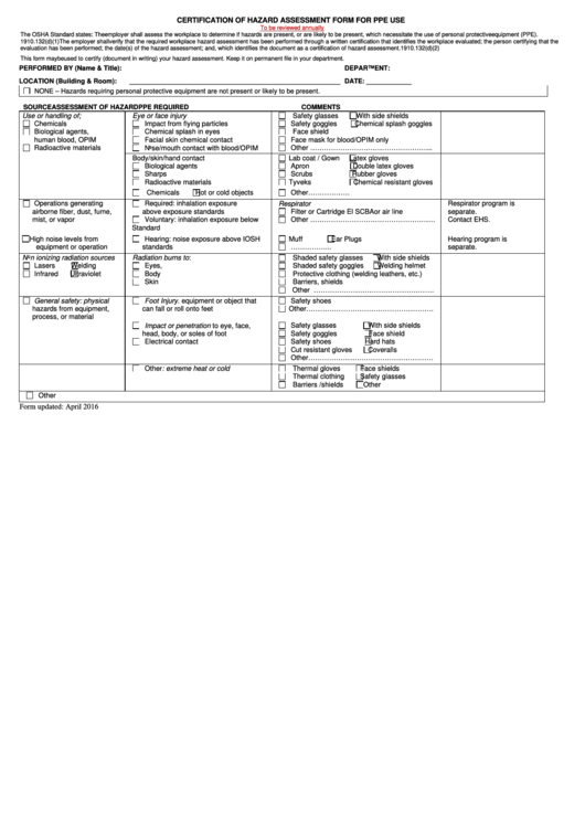 Fillable Certification Of Hazard Assessment Form For Ppe Use Printable Pdf Download