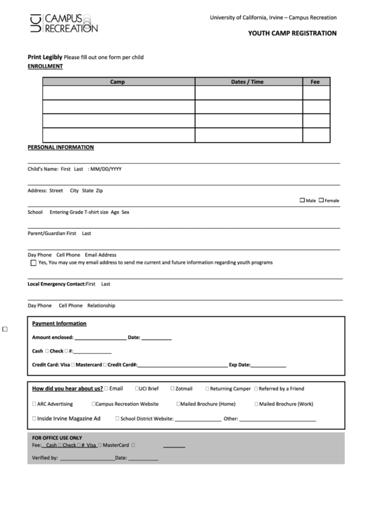 Youth Camp Registration Form Printable pdf