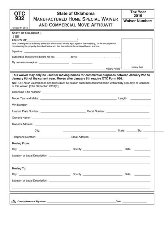 Manufactured Home Special Waiver And Commercial Move Affidavit Printable pdf