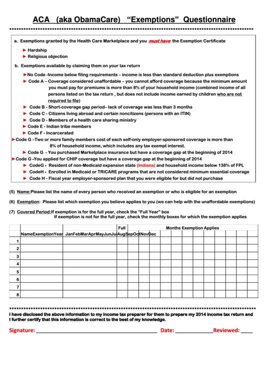 Obamacare Tax Form Exemptions Questionnaire Printable pdf