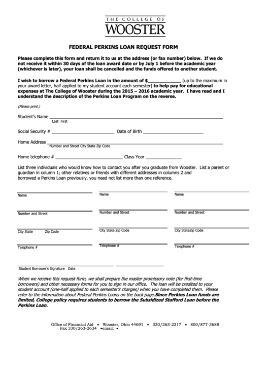 Federal Perkins Loan Request Form - The College Of Wooster Printable pdf