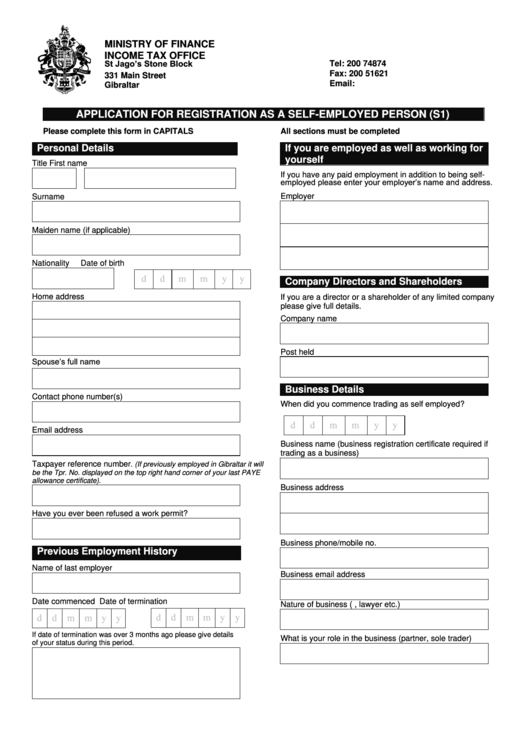 Application For Registration As A Self-Employed Person (S1) Printable pdf