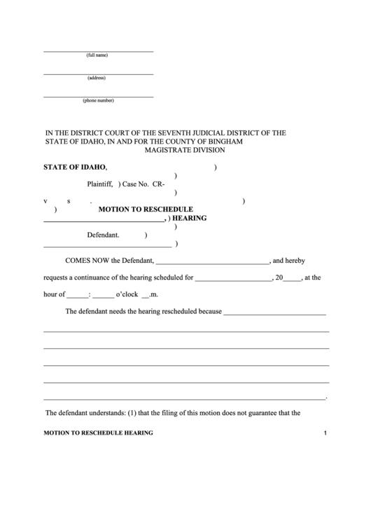 Motion To Reschedule Hearing Printable Pdf Download