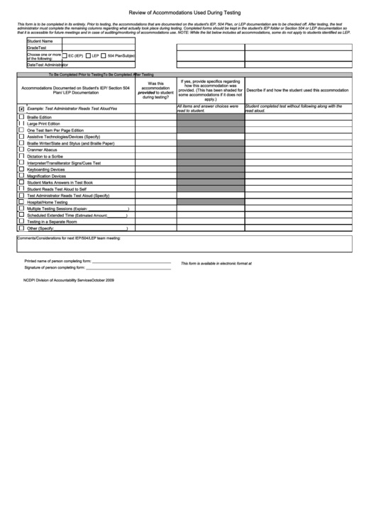 Review Of Accommodations Used During Testing Printable pdf