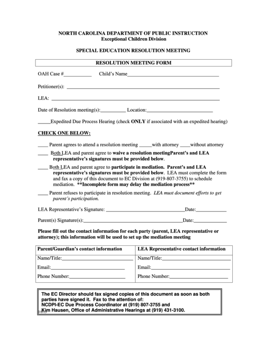 Fillable Resolution Meeting Form - Exceptional Children Printable pdf