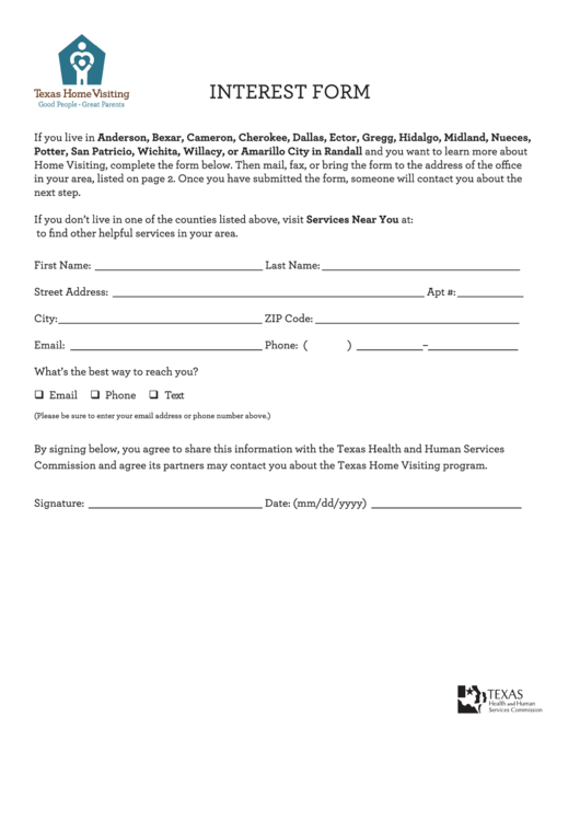 Texas Home Visiting Program Interest Form Printable pdf