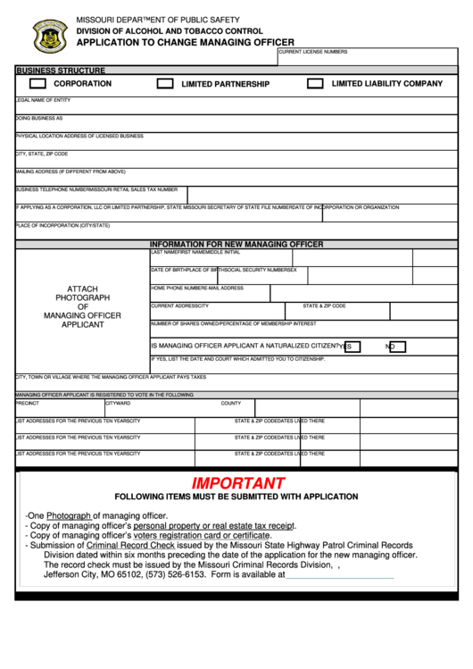 Fillable Application To Change Managing Officer Printable pdf