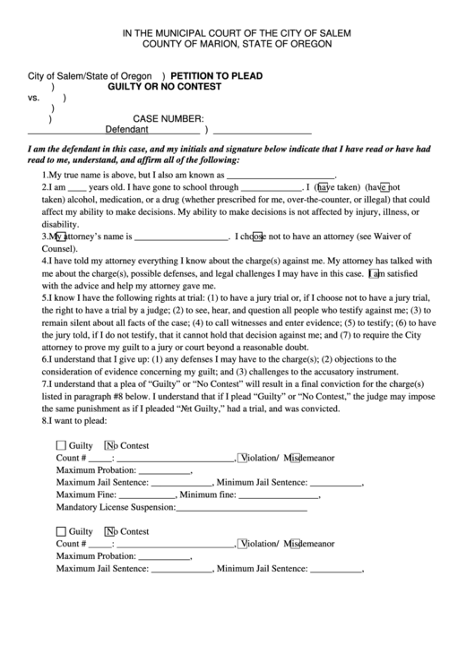 Fillable City Of Salem Plea Petition Form Printable pdf