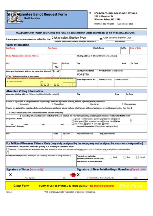 State Absentee Ballot Request Form - Forsyth County