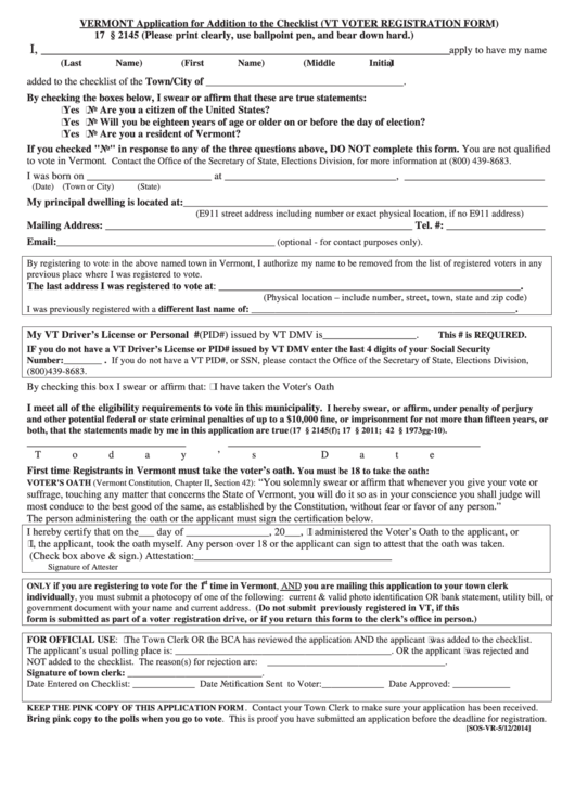 Vermont Application For Addition To The Checklist (Vt Voter Registration Form) Printable pdf