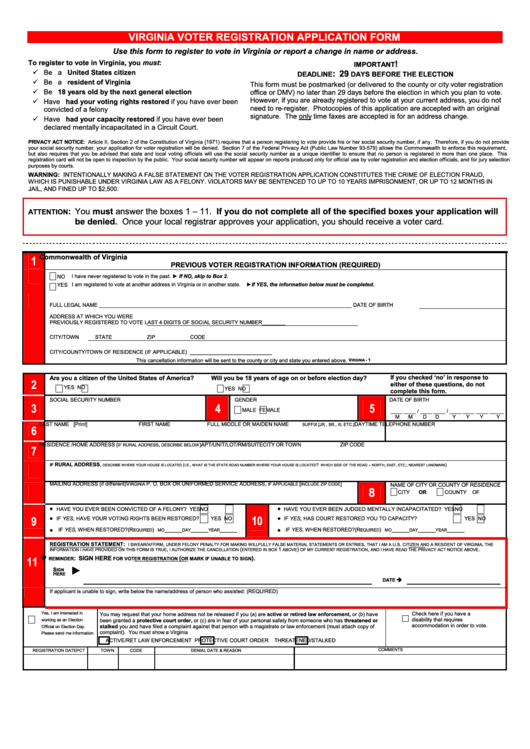Virginia Voter Registration Application Form Printable pdf