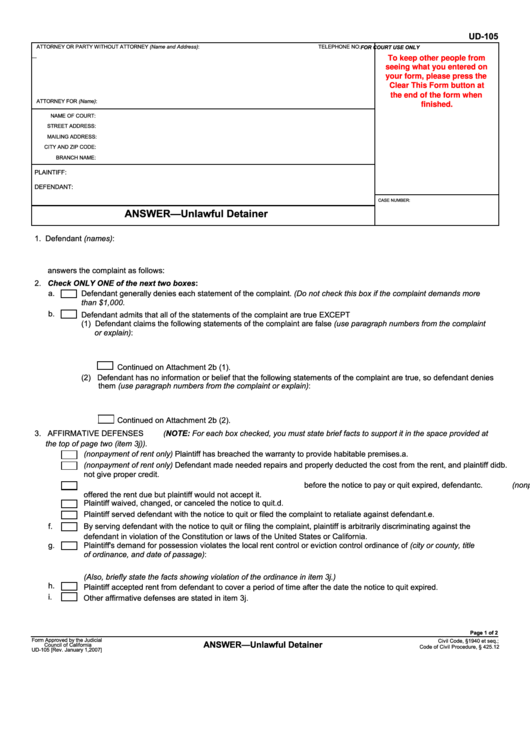 Form Ud-105 - Answer - Unlawful Detainer Form - Judicial Council Of California