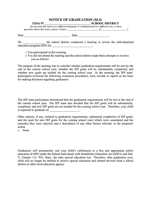 Fillable Cesa #7 Notice Of Graduation (M-4) Printable pdf