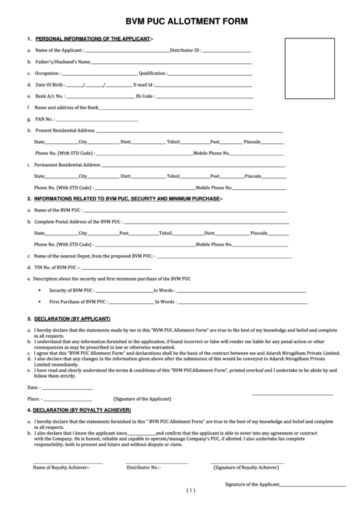 Bvm Puc Allotment Form - Bvm Business Printable pdf