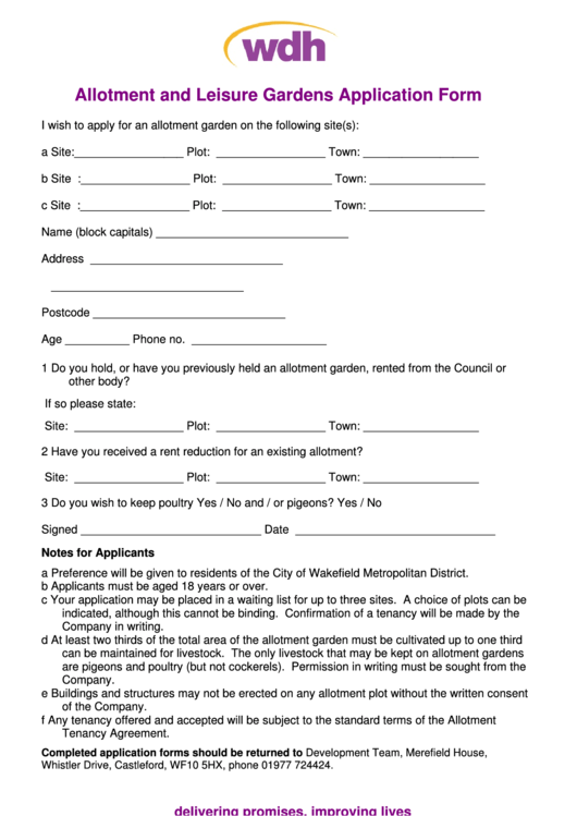 Allotment Application Form - Wdh Printable pdf