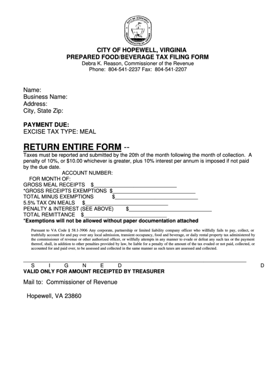 Prepared Food Beverage Tax Filing Form - City Of Hopewell Virginia Printable pdf