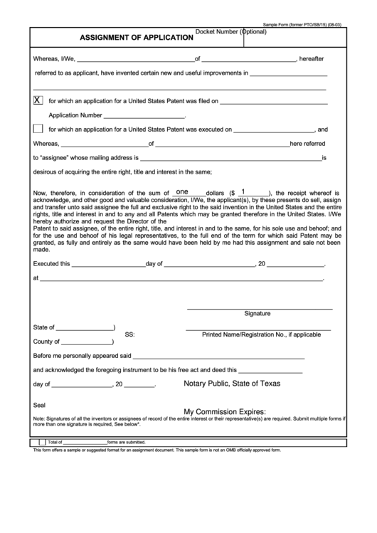 Fillable Assignment Of Application Form Printable pdf