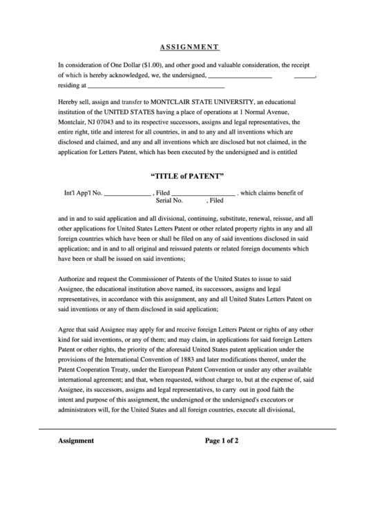 Patent Assignment Form - Montclair State University Printable pdf
