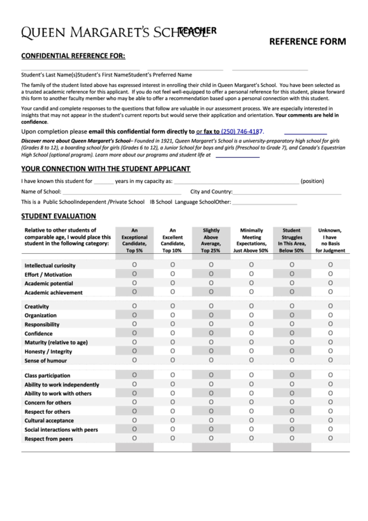 Fillable Sample Teacher Reference Form Printable pdf