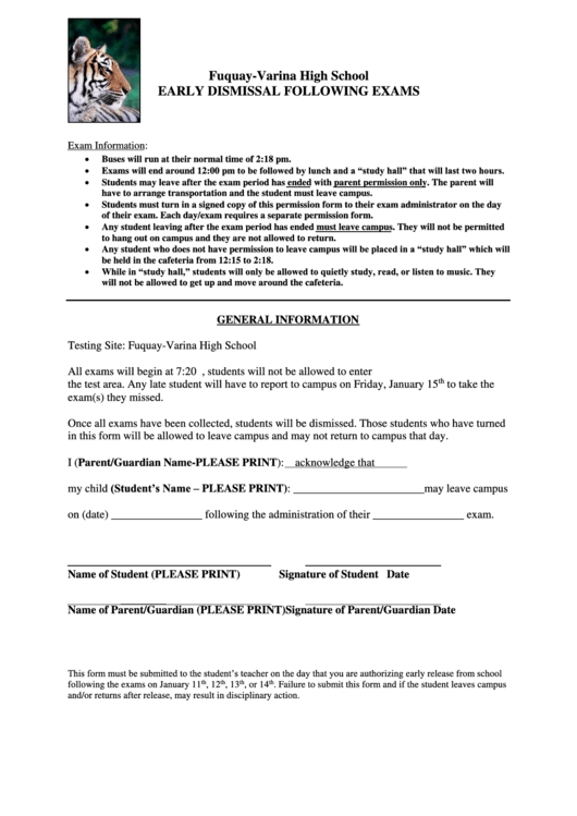 Fuquay Varina High School Early Dismissal Following Exams Printable pdf