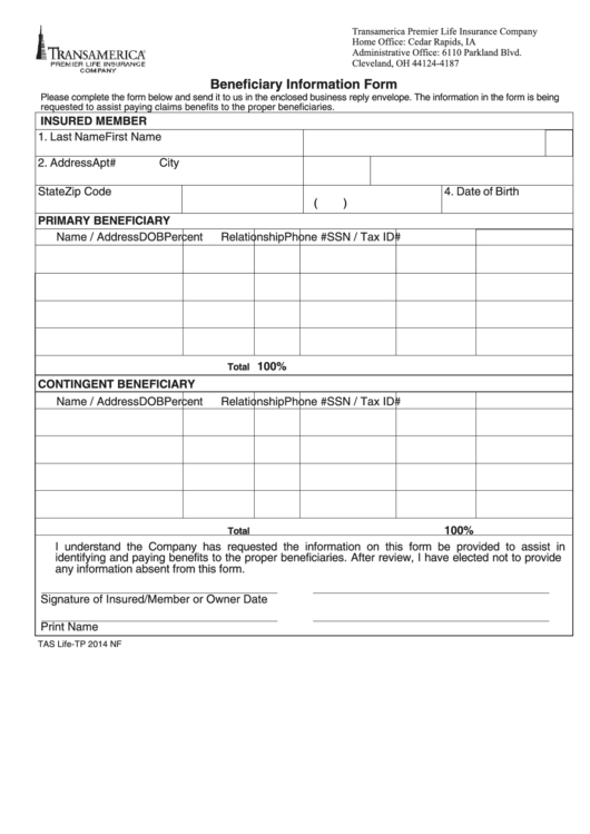 Beneficiary Information Form Premier Life Insurance printable pdf