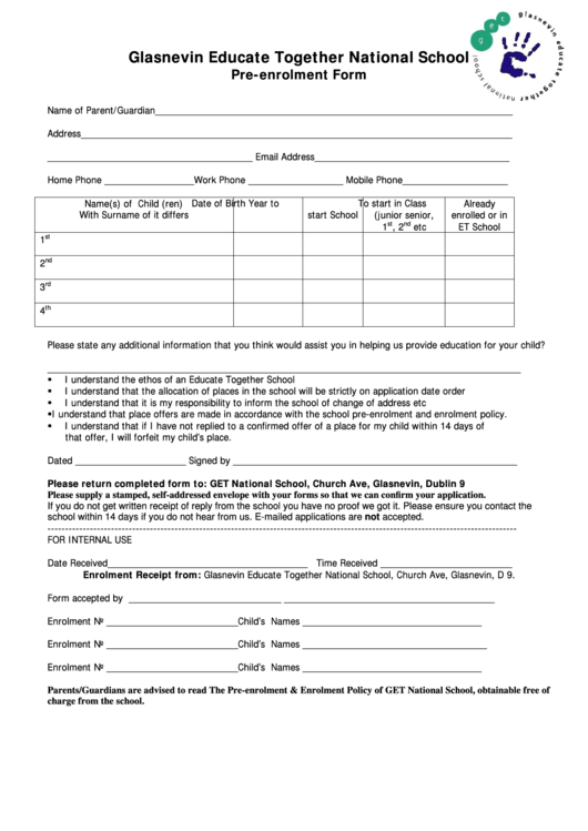 Glasnevin Educate Together National School Pre Enrolment Form Printable pdf