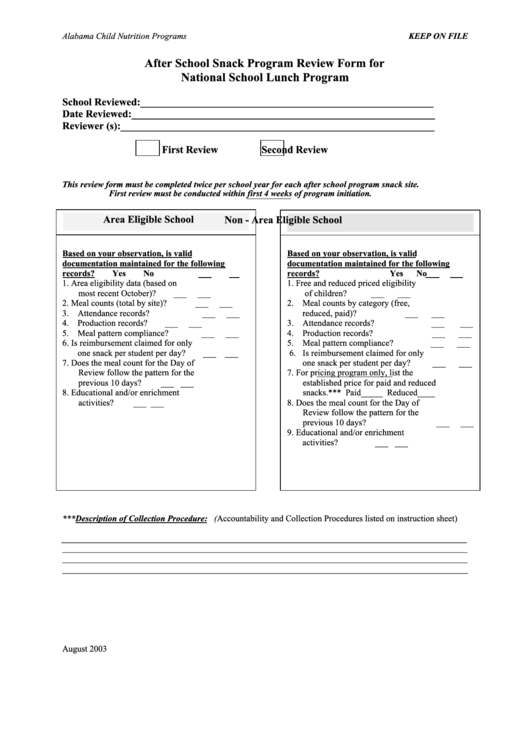 After School Snack Program Review Form For National School Lunch Printable pdf