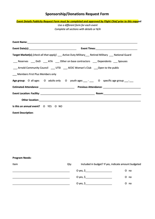 Fillable Sponsorship Donations Request Form Printable pdf