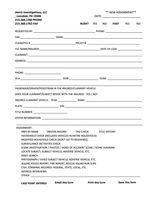 Fillable New Assignment Form - Harris Investigations Llc Printable pdf