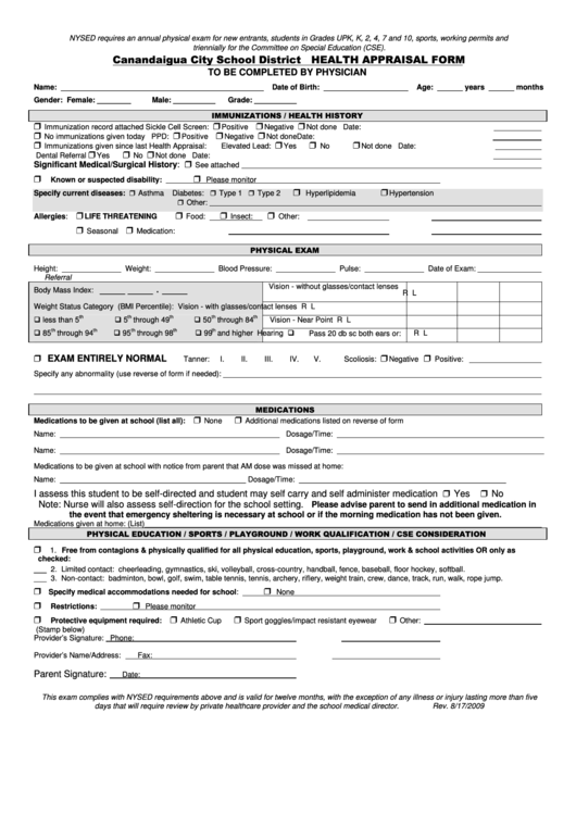 Canandaigua City School District Health Appraisal Form Printable pdf