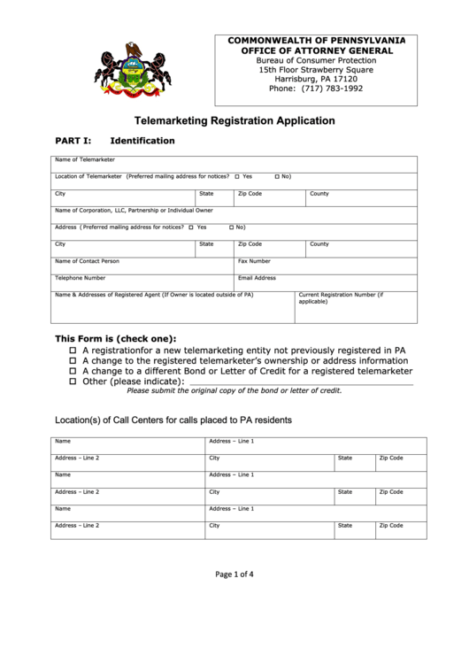 Fillable Telemarketing Registration Application Printable pdf