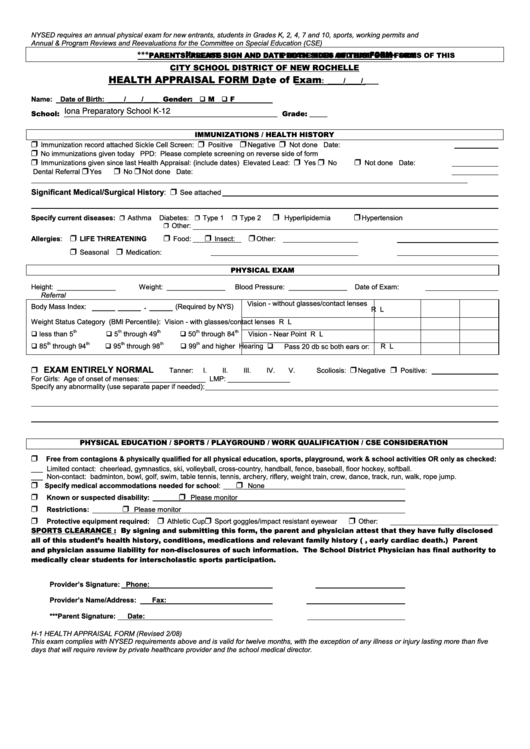 Fillable City School District Of New Rochelle Health Appraisal Form Printable pdf