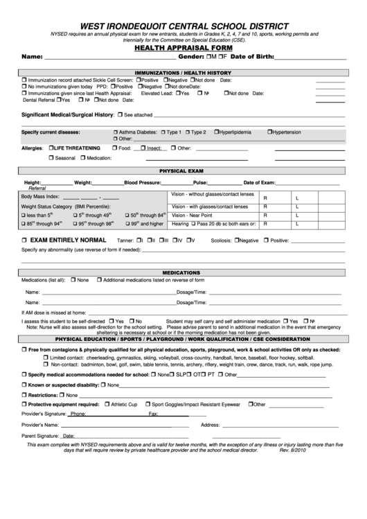 Nysed Health Certificate/appraisal Form - West Irondequoit Central School District Printable pdf