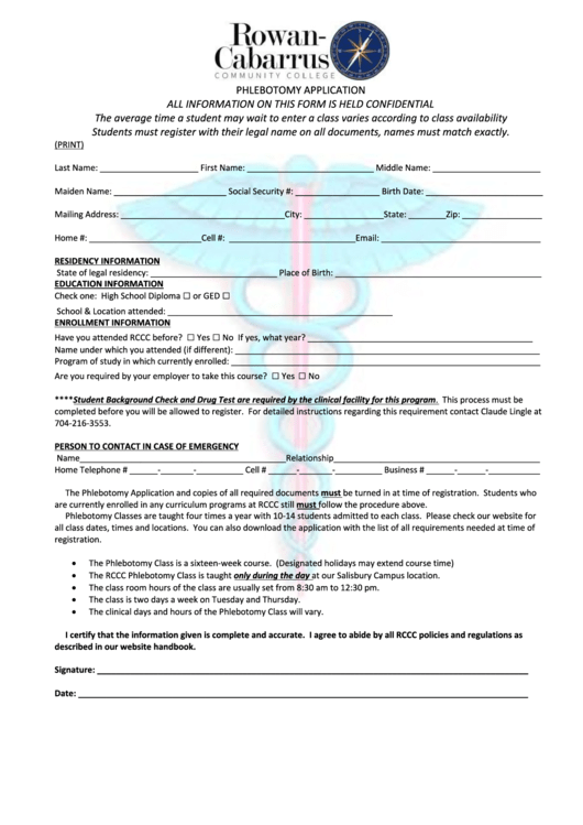 Phlebotomy Application All Information On This Form Is Printable pdf