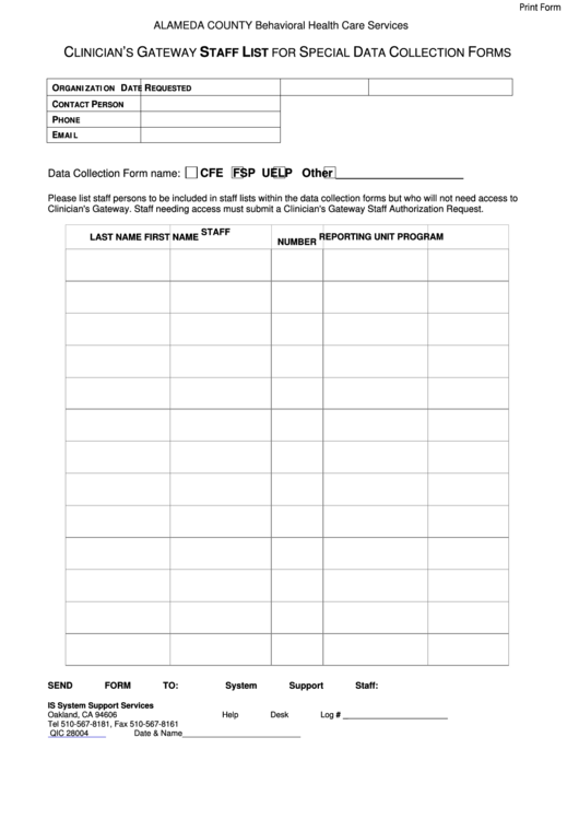 Fillable Staff List For Special Data Collection Forms Printable pdf