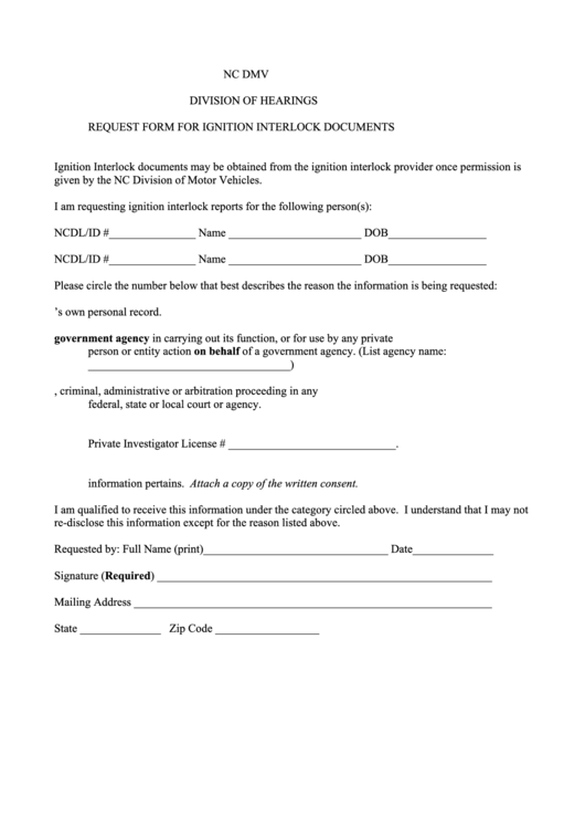 Request Form For Ignition Interlock Documents Printable pdf