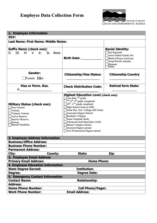 Fillable Employee Data Collection Form Printable pdf